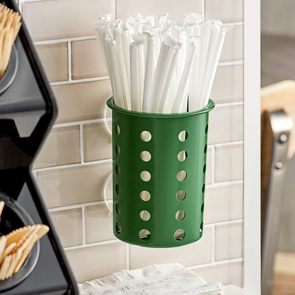 Steril-Sil PN1-HUNTER Hunter Green Perforated Plastic Flatware Cylinder with Suction Cups