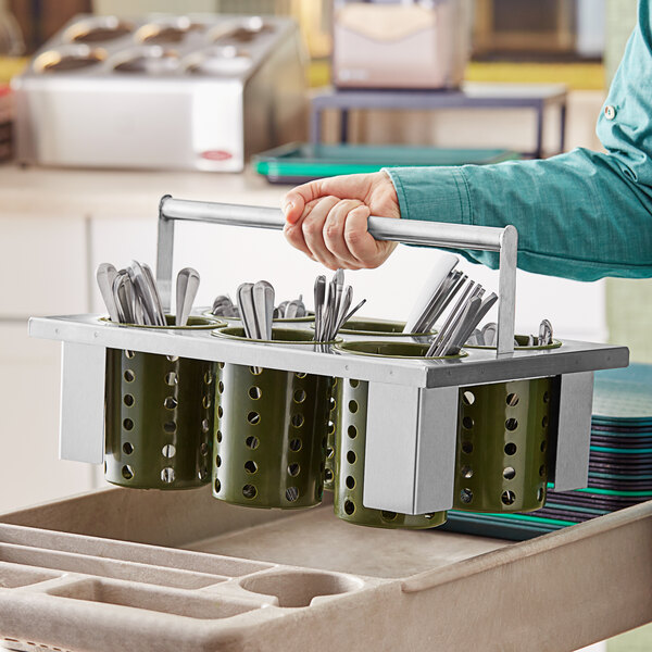 Steril-Sil E1-BS6OE-RP-HUNTER Stainless Steel 6-Cylinder Drop-In Flatware Basket with Hunter Green Plastic Cylinders