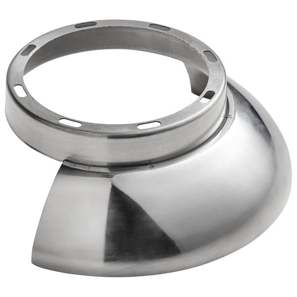 A silver metal bowl guard with a round hole in the center.