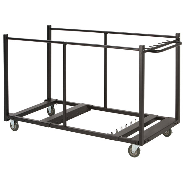 A black metal Lifetime rectangular and round folding table dolly with wheels.