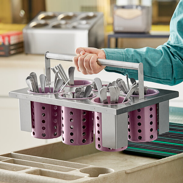Steril-Sil E1-BS6OE-RP-VIOLET Stainless Steel 6-Cylinder Drop-In Flatware Basket with Violet Plastic Cylinders