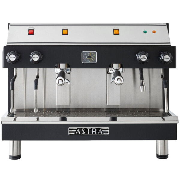 An Astra Mega II semi-automatic espresso machine on a counter with two coffee cups.