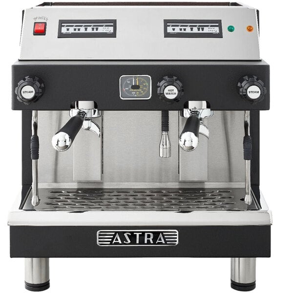 A black and silver Astra Mega II Compact automatic espresso machine with buttons and dials.