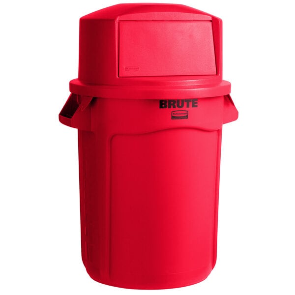 A red Rubbermaid BRUTE trash can with a dome top lid.