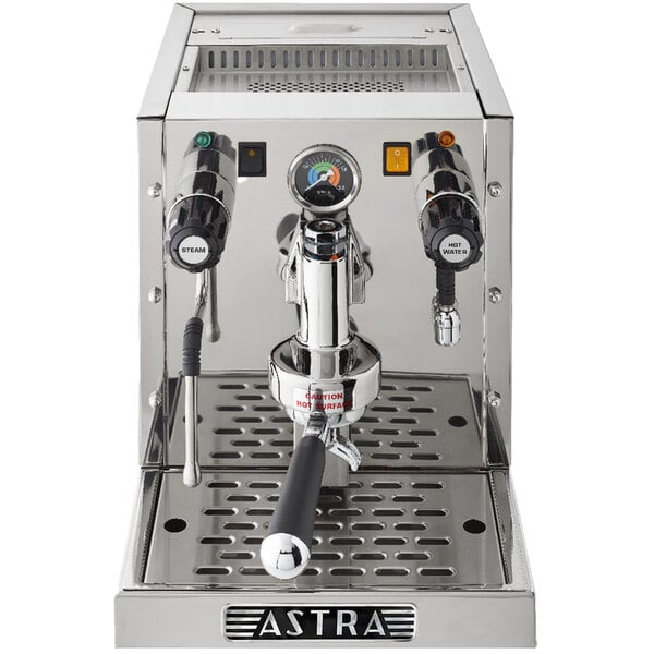 An Astra Gourmet semi-automatic pourover espresso machine with a stainless steel finish.
