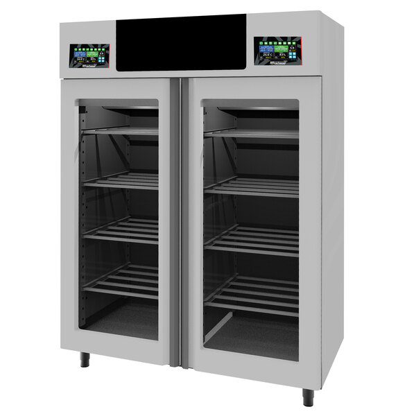 A black rectangular Affinacheese cheese drying cabinet with glass doors and shelves.