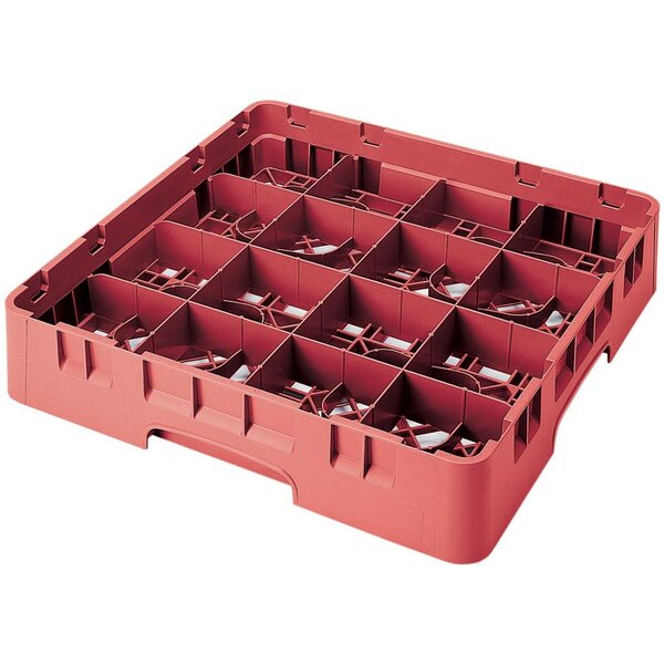 A red plastic Cambro glass rack with 16 compartments.