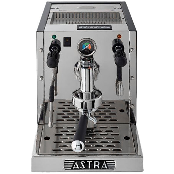 A silver Astra Gourmet Automatic Pourover Espresso Machine with a stainless steel body.