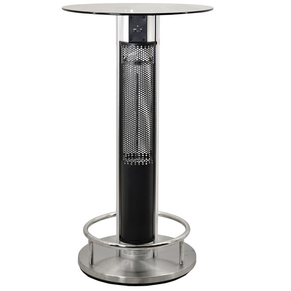 An Omcan bar height table with a glass top and silver base.