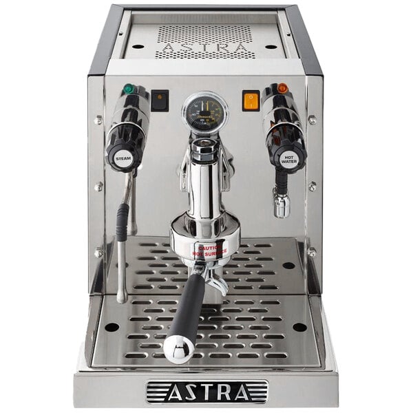 An Astra Gourmet semi-automatic espresso machine with a stainless steel body.