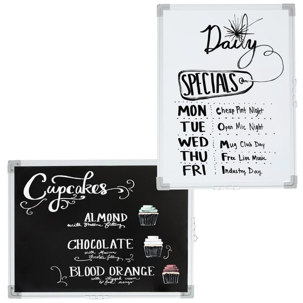 A black and white reversible menu board with white writing on it.