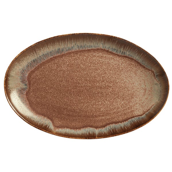 A brown oval Libbey Hedonite porcelain platter with a white speckled surface and brown rim.