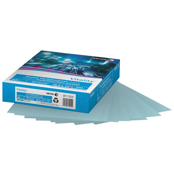 A blue and white Xerox box of blue paper.