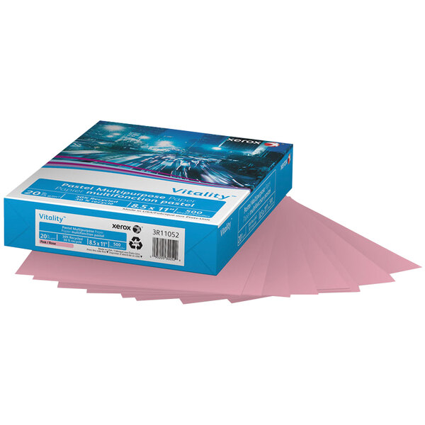 A blue and white box of Xerox Vitality pink printer paper.