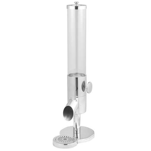 An Eastern Tabletop stainless steel cereal dispenser with glass lid.