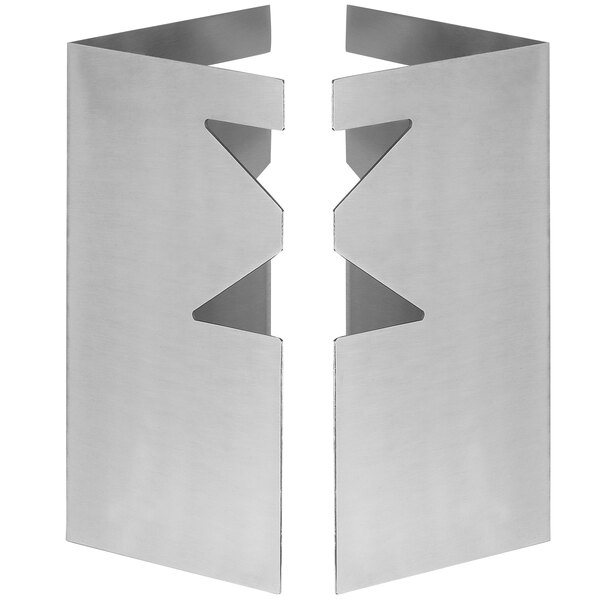 Two stainless steel "L" shaped corners with cut out designs.