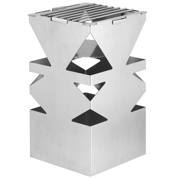 A stainless steel cube with cut out shapes on the sides.