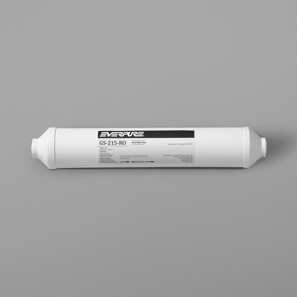 A white cylinder with a black label reading "Everpure EV9627-15 GS-215RO-H In-Line Water Filter Cartridge"