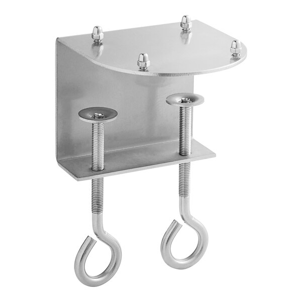 A stainless steel clamp with screws.