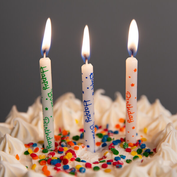 A cake with "Happy Birthday" candles and sprinkles.