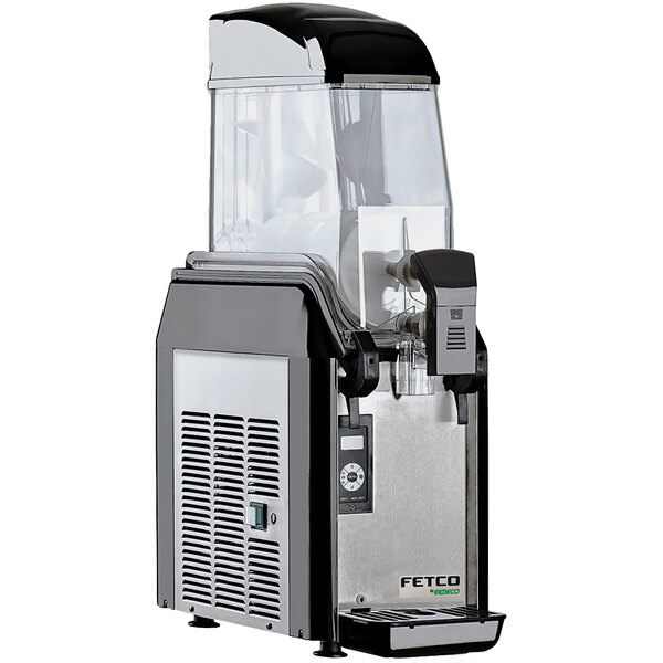 A Fetco by Elmeco frozen beverage machine with a clear container and black and white accents.