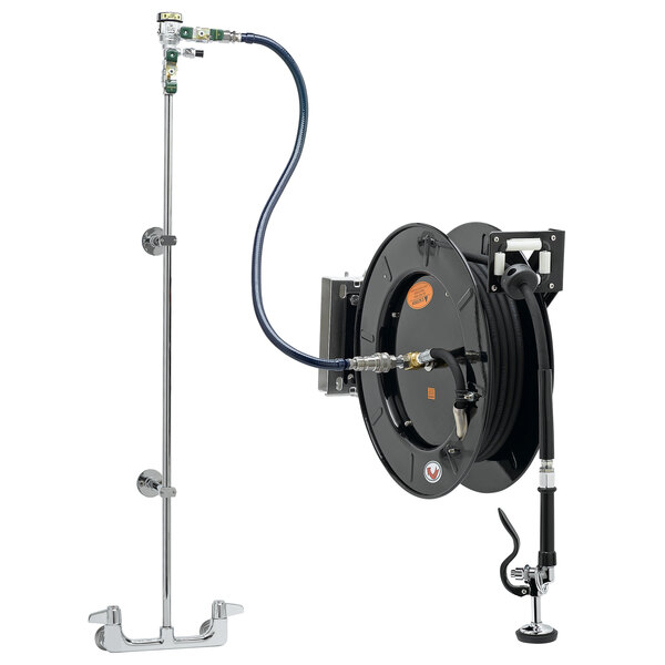 An Equip by T&S hose reel system with a black hose attached to it.