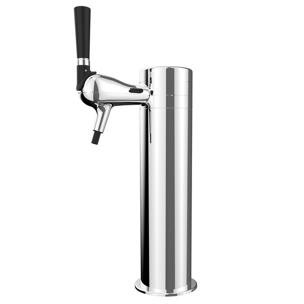 A Micro Matic chrome beer tap tower with a black handle.