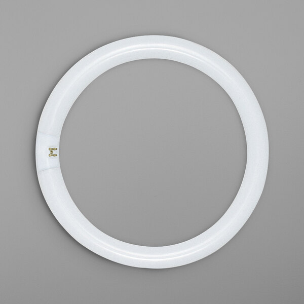 A white circular Satco T9 fluorescent light bulb.