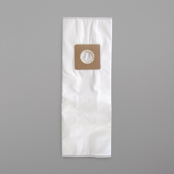 A white Royal vacuum bag with a brown square and a white circle in the middle.