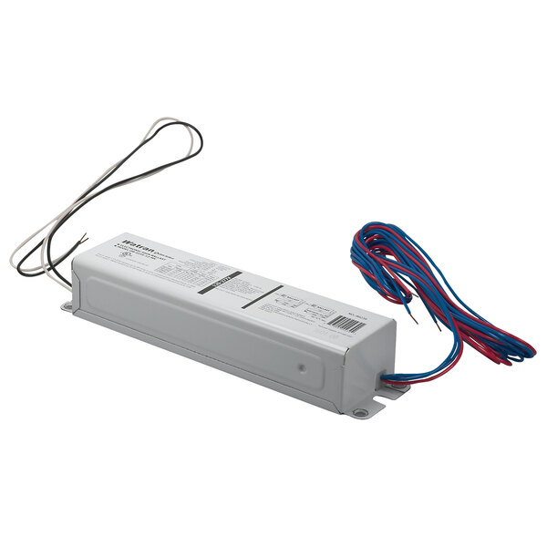 A white rectangular Satco fluorescent sign ballast with red and blue wires.