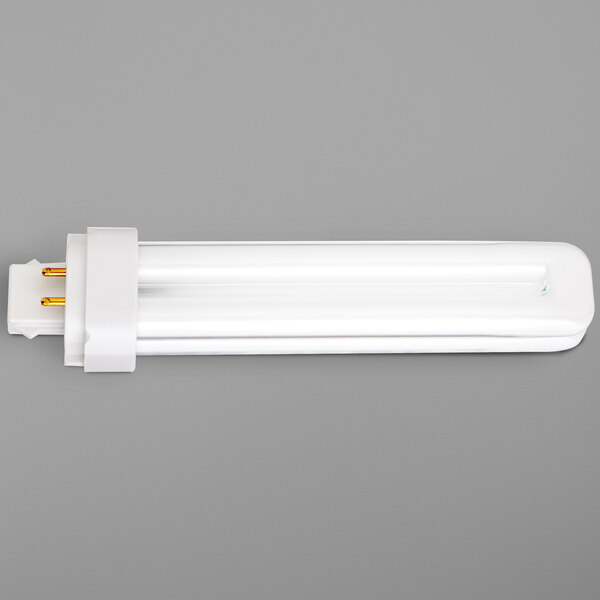 A white rectangular Satco compact fluorescent light bulb with a grey background.