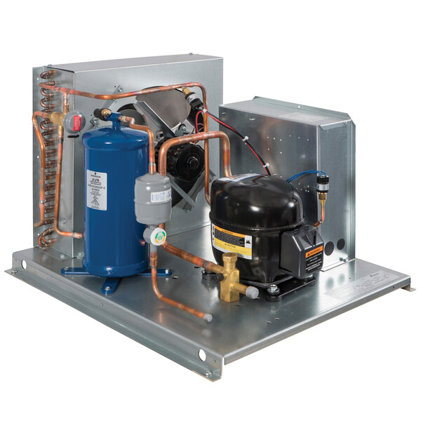 A Master-Bilt remote condensing unit with pipes and a blue cylinder.