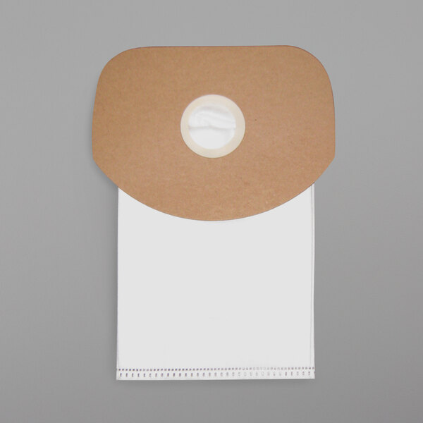 A brown paper Sanitaire, Koblenz, Powr-Flite, Tennant, and Tornado vacuum bag with a white circle on it.