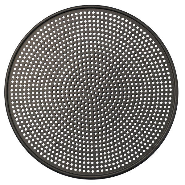 An American Metalcraft hard coat anodized aluminum round metal plate with holes.