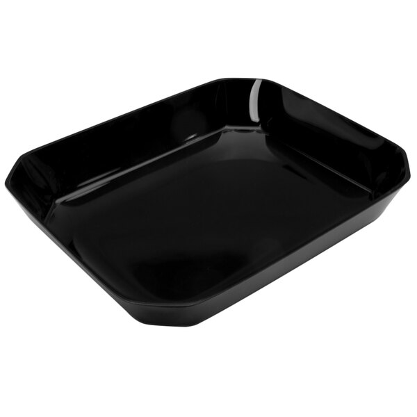 A black rectangular Delfin acrylic bowl with cut corners.