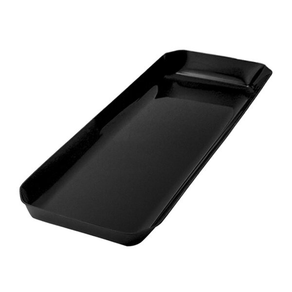 A Delfin black rectangular acrylic bowl with cut corners on a counter in a salad bar.