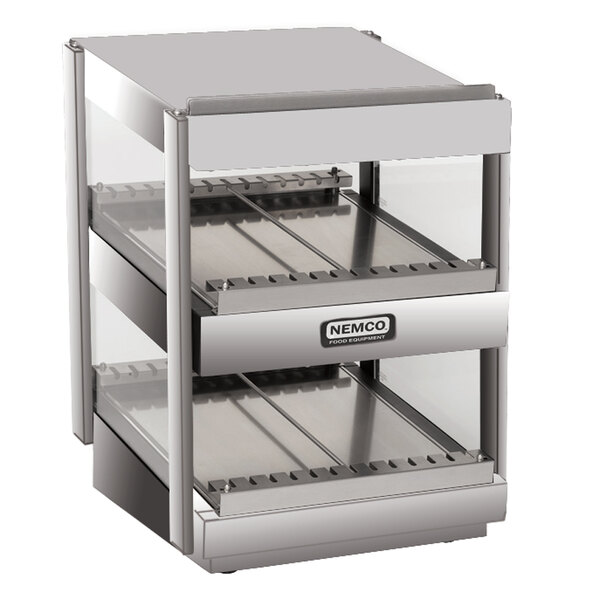 A silver stainless steel Nemco countertop food warmer with two shelves.