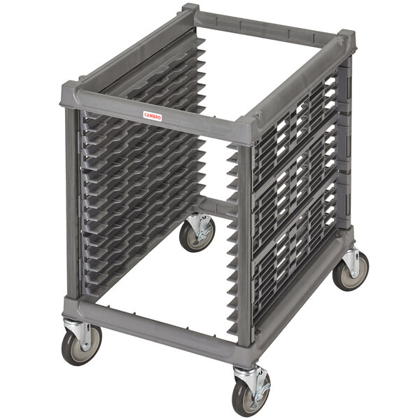 A grey plastic Cambro sheet pan rack with metal casters.