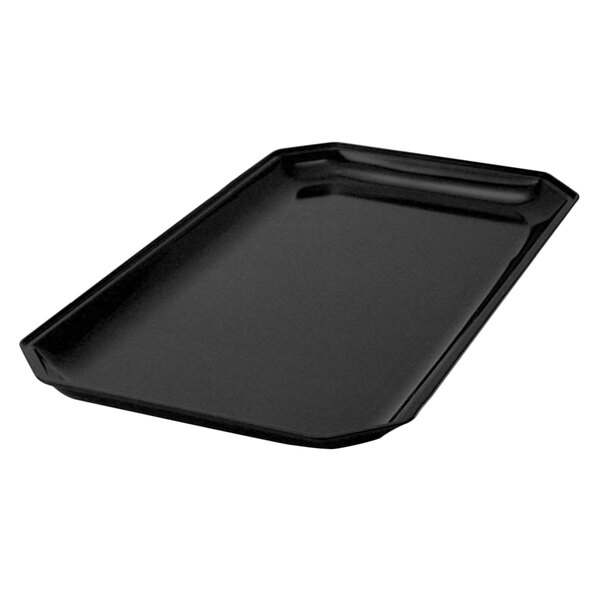 A black Delfin rectangular bowl insert with a cut corner and a handle.