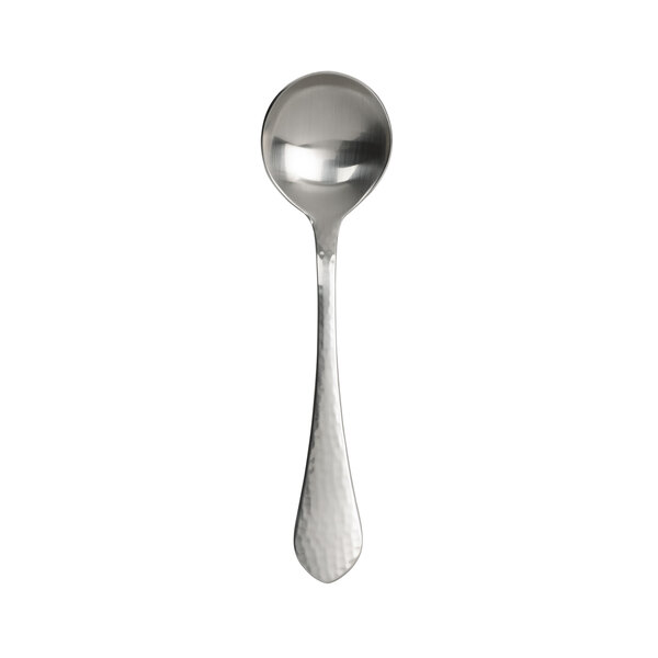 Arcoroc stainless steel soup spoon with a satin finish on a white background.