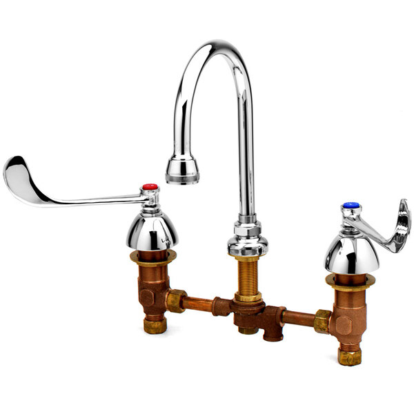 A chrome T&S pedal valve connection for a faucet with a couple of handles.