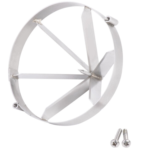 A metal circular object with six blades and screws.