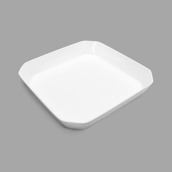 A white square acrylic bowl with cut corners.