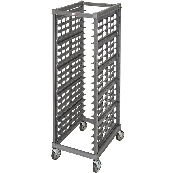 A grey Cambro sheet pan rack with metal casters.