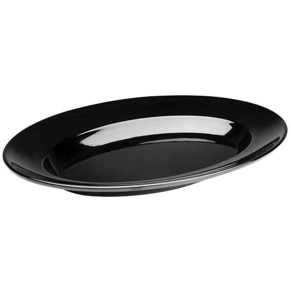 A black oval melamine bowl with a silver rim.
