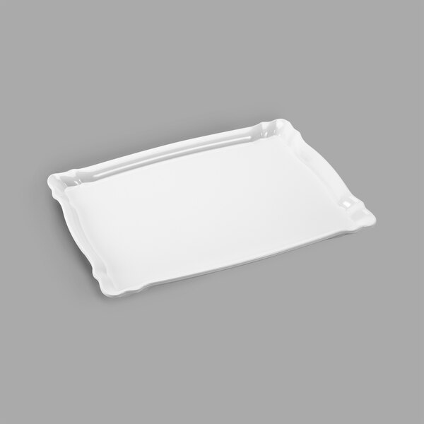 A white rectangular melamine tray with a handle.
