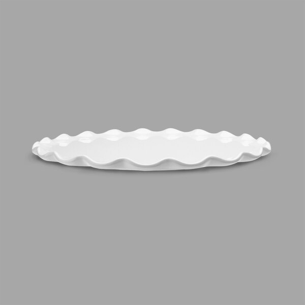 A white Delfin round melamine tray with a wavy edge.