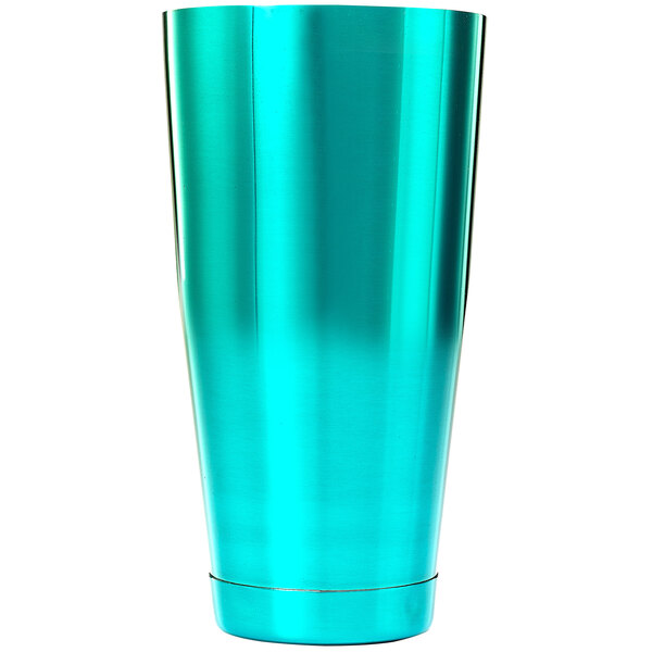 A teal Barfly cocktail shaker tin.
