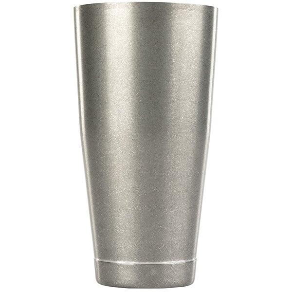 A stainless steel Barfly vintage cocktail shaker tin.