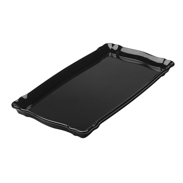 A Delfin Cafe Black rectangular melamine tray with a curved edge and handle.